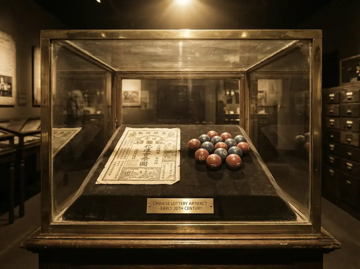 博物馆展柜中的珍贵彩票藏品与红蓝彩球